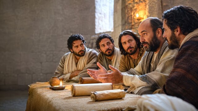 Group of ancient men in historical attire discussing scrolls at a wooden table lit by oil lamps