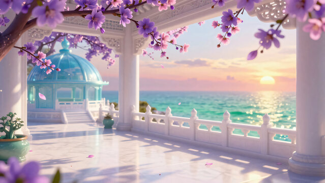 Tropical Beach in Thailand with Palm Trees Under Blue Sky and Scenic Coastal Landscape Travel Destination Illustration