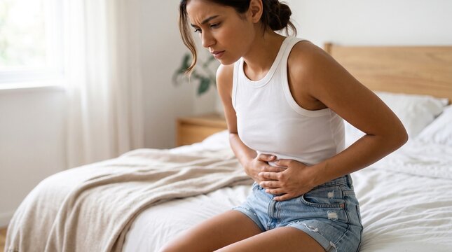 Young woman wearing a casual white tank top and blue denim shorts sits on her bed while experiencing intense stomach pain and holding her abdomen with a distressed facial expression.