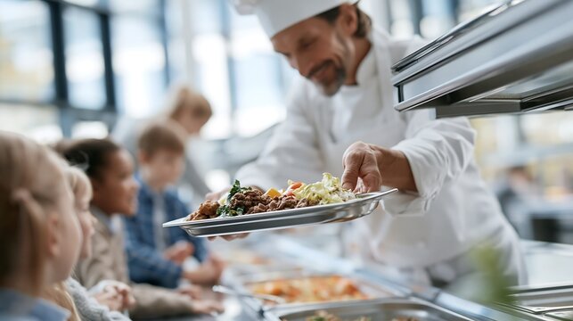 School cafeteria chef serving a nutritious hot lunch to children at a buffet counter. Healthy eating, balanced nutrition and public school meal program concept