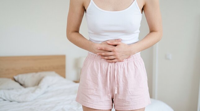 Young woman in a white tank top and pink shorts holds her abdomen with both hands while experiencing sharp stomach pain, cramping, digestion issues, or severe menstrual cycle cramps.