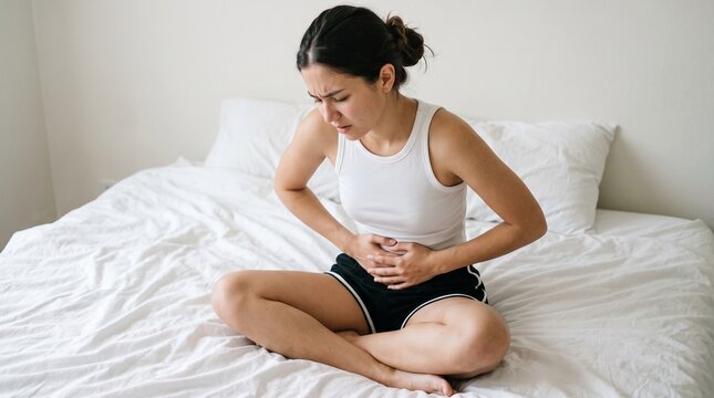 Young woman wearing a white tank top and black shorts sits on a bed while experiencing intense abdominal pain and holding her stomach with both hands during the daytime light.