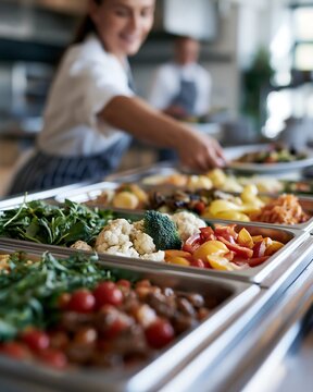Fresh vegetables displayed in stainless steel cafeteria buffet trays ready for school lunch service. Healthy nutrition, balanced meals and institutional food service concept