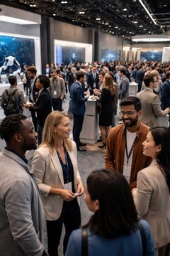 Diverse professionals networking at a large tech conference event.