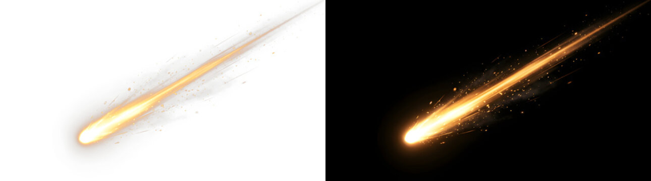 Bright golden comet streaking across the dark night sky with a glowing trail of burning stardust and intense fiery light particles captured in a high resolution digital art render style.
