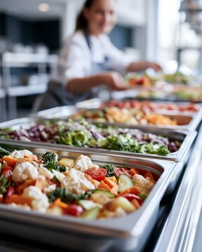 Fresh salad bar with colorful vegetables prepared for healthy school lunches. Balanced nutrition, cafeteria buffet and public school meal program concept