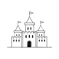 Fototapeta premium Black and white hand drawn castle with flags and arched gateway