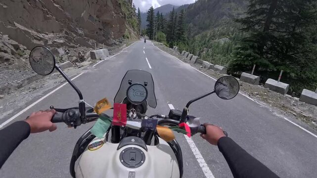 POV Motorcycle Ride Through Scenic Mountain Roads in Ladakh India