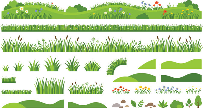 Seamless green grass borders and hills collection vector nature landscape elements