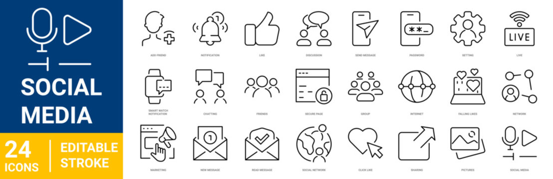 Set of 24 outline icons related to Social Media. Linear icon collection. Editable stroke. Vector illustration