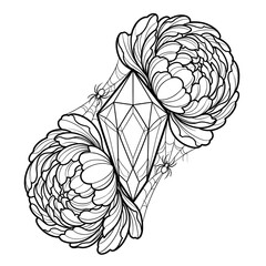 Fototapeta premium Crystal Point with Chrysanthemum Flowers and Spider Web Coloring Page Line Art