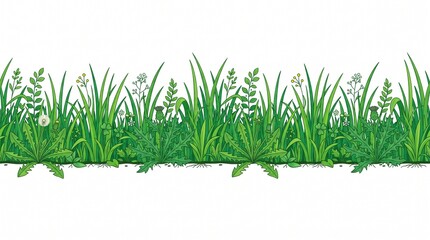 Fototapeta premium Seamless Horizontal Green Grass Lawn Border with Wildflowers and Dandelion Vector Illustration