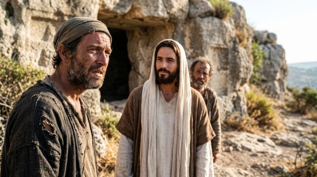 Jesus Christ with a staff interacting with a distressed man kneeling in front of a rock formation with caves
