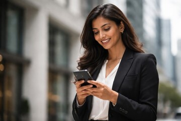 Obraz premium Confident professional using smartphone outdoors.