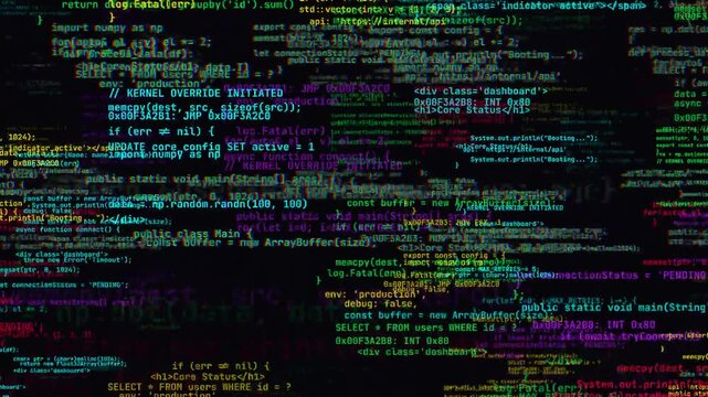 Computer programming code with digital glitch effect scrolling across black screen for data hacking background