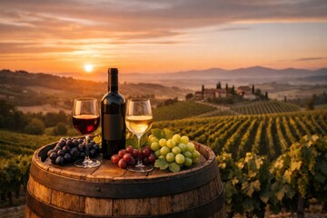 Fototapeta premium Wine and grapes on a barrel overlooking a vineyard at sunset.