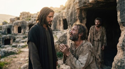 Obraz premium Jesus Christ with a staff interacting with a distressed man kneeling in front of a rock formation with caves. Possessed by demons at the cave