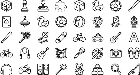 Leisure hobbies toys and sports vector icon set featuring gaming controllers board games musical instruments and outdoor activities © Md