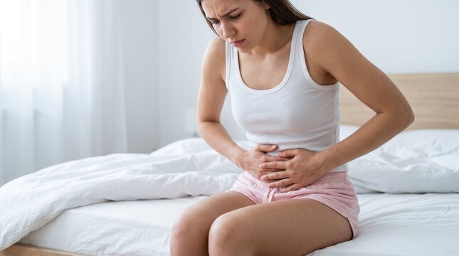 A young woman in a white tank top and pink shorts sits on her bed while experiencing intense abdominal pain and discomfort with a distressed expression on her face.