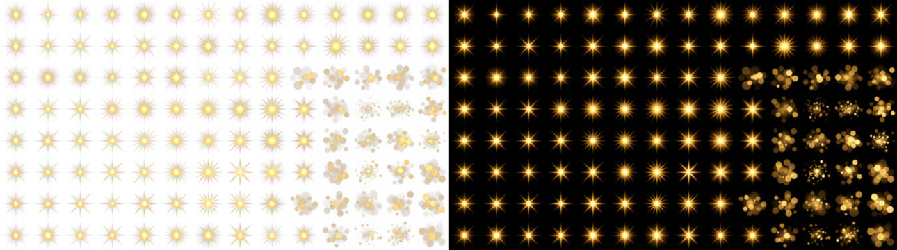 Set of golden star sparkle icons and light flares collection with collection