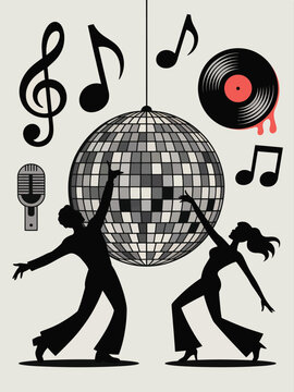 Silhouettes of dancers enjoying a lively disco party with music notes and a sparkling ball