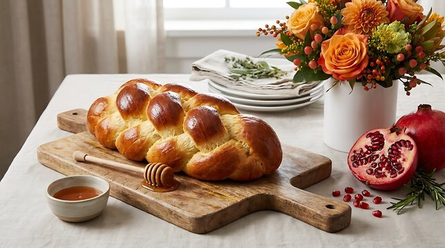 Traditional braided challah bread on wooden board with honey and pomegranate