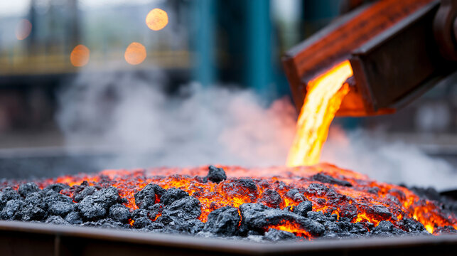Close-up of molten slag pouring into a granulation pit with thick steam rising, industrial cooling process, heavy manufacturing, with copy space