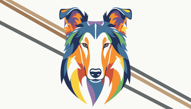 Beautiful pop art style collie dog portrait featuring vibrant rainbow colors against a minimalist background with diagonal stripes.