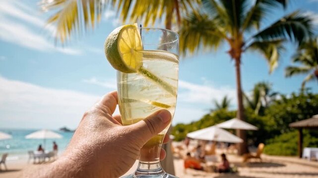 Enjoying a refreshing drink on a tropical beach with palm trees