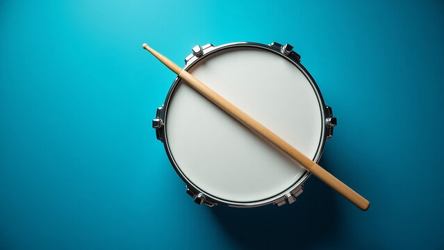 Beautiful modern house creative iteration Drum stick and drum on blue table background top view