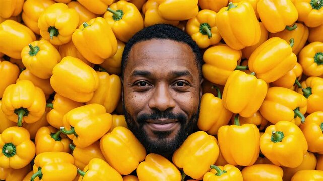 Man's Face Peeking Through Pile of Vibrant Yellow Bell Peppers