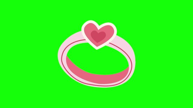 Love icon sign, animated pink ring with heart shaped cartoon vector. Wedding gift idea, message, engagement symbol. Popup clipart shape animation green screen background template.
