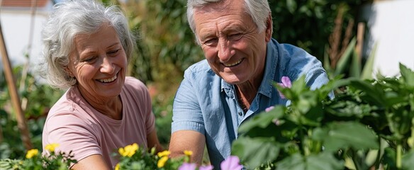 Fototapeta premium A senior couple enjoys gardening together, surrounded by lush plants on a sunny afternoon, sharing happiness.