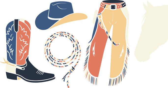 Set of colorful cowboy accessories with a hat boot rope and chaps for wild west themed design