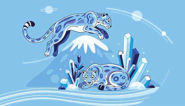 Majestic blue snow leopards jumping and resting on a frozen mountain landscape with beautiful ice crystal formations.