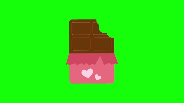 Love icon sign, animated chocolate bar with heart shaped and bite cartoon vector. Food gift idea, message, interaction symbol. Popup clipart shape animation green screen background template.