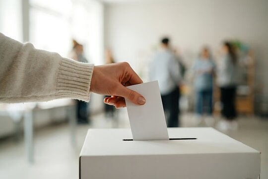 Hand putting ballot paper into white voting box in blurred background