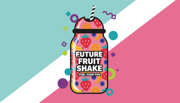 Colorful future fruit shake jar design filled with strawberries, bananas, and oranges on a diagonal split background.