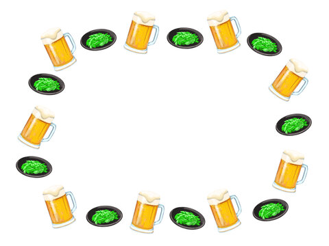 白バックに生ビールと枝豆のフレームイラスト