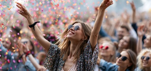 Fototapeta premium At a lively outdoor summer festival, a person raises a craft beer amid colorful confetti and festive energy.