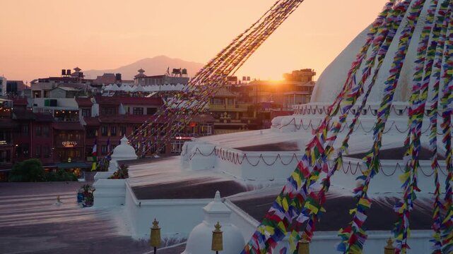 Evening View of Boudhanath Stupa and Prayer Flags in Kathmandu, Nepal 4K
