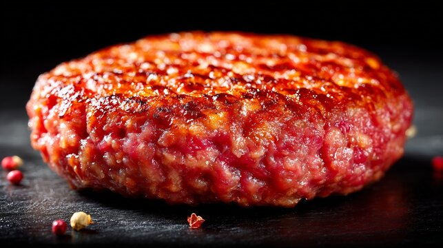 Juicy grilled beef burger patty with peppercorns on a black textured slate background detail