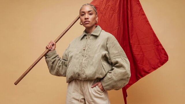 Woman holding a red flag with determination, symbolizing protest and change and embodying themes of revolution and social movements