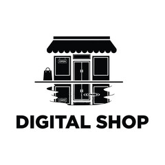 Obraz premium Shopfront silhouette with awning and reflection on white background storefront