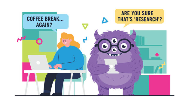 Young woman works on a laptop while a funny purple monster with glasses questions her productivity during a busy workday.