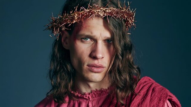 Man wearing a crown of thorns and a pink robe, looking pensive