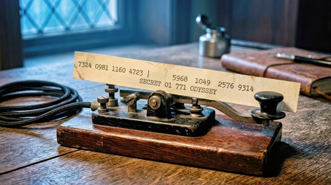 Vintage Enigma Machine With Secret Code on Wooden Desk