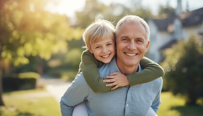 Fototapeta premium Grandfather Giving His Grandson a Piggyback Ride Outdoors