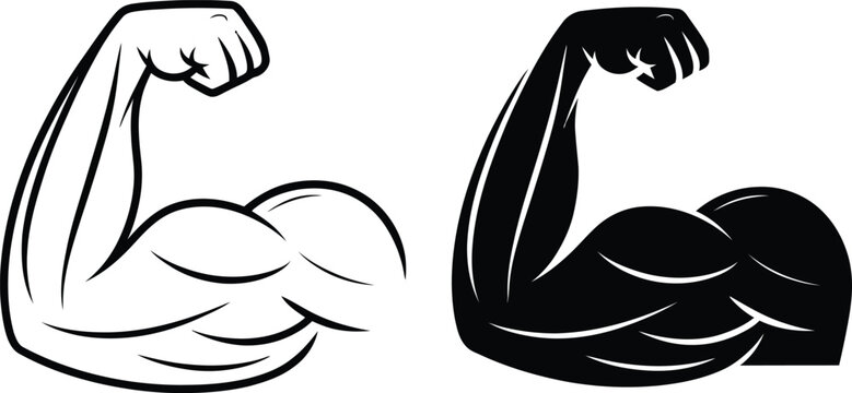 Bicep muscle flexing icon set silhouette and outline with strength bodybuilding training exercise masculine physical muscular illustration silhouette development weightlifting culturism