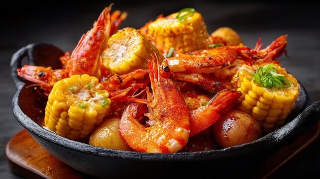 Rustic seafood boil with seasoned shrimp corn and potatoes in a black cast iron pan